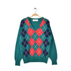 【送料無料】80s LYLE & SCOTTE スコットランド製 ウールセーター アーガイル柄 Vネック ラムズウール ヴィンテージ L相当 古着 @CH1054