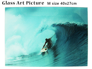 ガラス アート ピクチャー M－Q (壁掛け) ビッグウェーブ 波乗り 40cm 海 サーフィン サーフボード 西海岸風 インテリア アメリカン雑貨