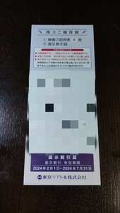 ①東京テアトルの株主優待券 ８枚です。男性名義です。２０２４年２月～４月対象鑑賞券４枚 、５月～７月対象鑑賞券４枚。