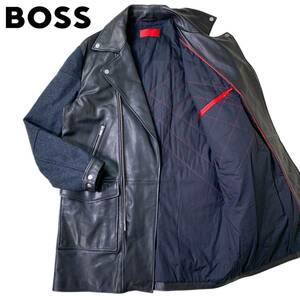 ほぼ未使用/ Lサイズ相当●HUGO BOSS 高級 圧縮ウール 切替 レザー ロングコート ジャケット ヒューゴボス メンズ ブラック 本革 大谷翔平