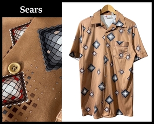 送無 G① 美品 70s ビンテージ Sears KINGS ROAD シアーズ キングスロード 総柄 グラデーション キューブ ドット ポリエステル シャツ M