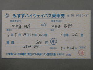 958.伊那バス みすずハイウェイバス用 補充券 片道