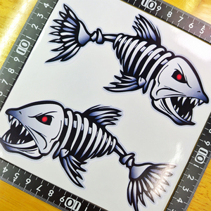 【左右2枚組】ガイコツ フィッシュ ステッカー 15×14.5 (cm) SkullFish12　　 　[魚 釣り ドクロ 骨 ガイコツ スカル フィッシング ] 