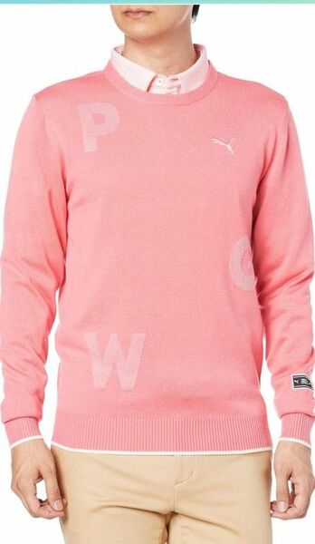 ★Lサイズ★PUMA ゴルフ ロゴ クルーネック ニット　セーター メンズ 長袖 セーター ピンク プーマ 