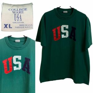 US VINTAGE US ヴィンテージ MADE IN USA USA製 COLLEGE WARE USA USAロゴテープデザイン Tシャツ コットン グリーン系 XL アーカイブ