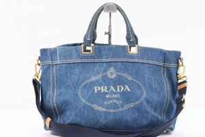 PRADA プラダ カナパ デニム トート ハンド ショルダー 2way バッグ 手持ち 斜め掛け 鞄 ブルー ゴールド金具 レディース かばん 1205-HA