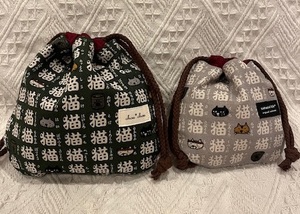 漢字猫字柄　中小 巾着2個セット　ハンドメイド　