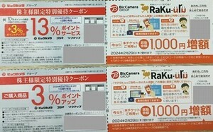 送料無料　4枚セット　ビックカメラ コジマ　ソフマップ　ラクウル　1000円増額　株主様限定優待クーポン 4枚 ポイント3%上乗せ 2-29ま