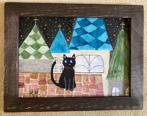 黒猫のイラスト☆ヨーロッパの街 直筆 アクリル画 クロネコの絵 ハンドメイド