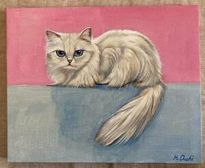 長毛種猫の絵 一点物 アクリル画 ネコのイラスト パステル調 ポップアート 437