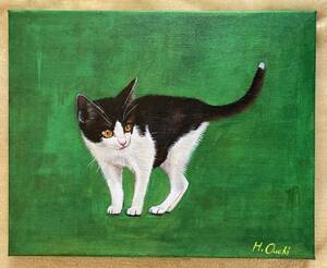 白黒はちわれ猫の絵 一点物 アクリル画 子猫 ネコのイラスト 446