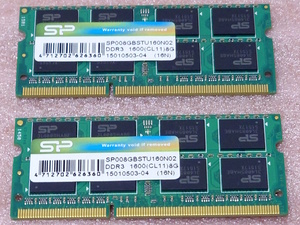 ◇SiliconPower SP008GBSTU160N02 2枚セット - PC3-12800S/DDR3-1600 204Pin DDR3 S.O.DIMM 16GB(8GB x2) 動作品