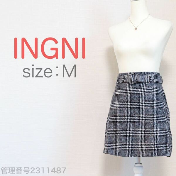 【送料無料】INGNI(イング)ベルト付き　グレンチェック　ミニスカート　台形スカート　グレー　M