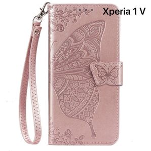 Xperia1 Ⅴ ケース 手帳型 おしゃれ バタフライ ピンクゴールド