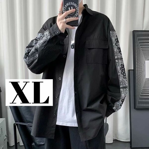 【新品】 メンズ シャツ ビッグシルエット ペイズリー柄 ストリート XL ブラック 韓国