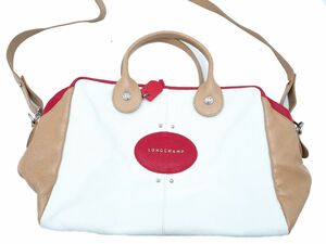 LONGCHAMP ロンシャン ボストン バッグ 白ｘ赤ｘベージュ ■■ ☆ eac3 レディース