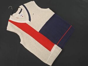 tommy jeans トミージーンズ ウール混 ロゴ 刺繍 ニット ベスト sizeM/アイボリーｘ赤ｘ紺 ◇■ ☆ eab0 メンズ