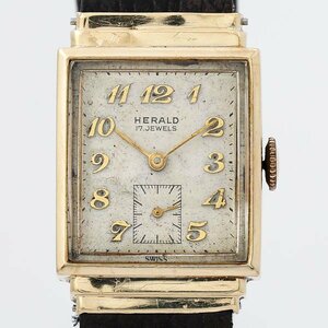 HERALD ヘラルド 17 JEWELS 手巻 17石 シャンパンゴールド文字盤 スクエア スモセコ 14K刻印 ベルト社外品 アンティーク 腕時計 #35901