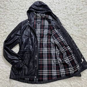 バーバリーブラックレーベル BURBERRY BLACK LABEL ブルゾン ジップアップパーカー ノバチェック ロゴ金具 光沢感 ブラック L〜XL位