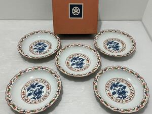 D(0122x2) 新品 未使用 橘吉 たち吉 中皿 赤絵 花咲 陶器 食器 5枚セット