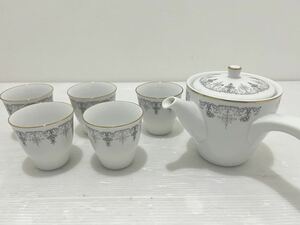 D(0131x4) 未使用 ノリタケ Noritake シルバーゲート 急須 湯呑み 金彩 陶器 茶器 セット アンティーク 5客セット