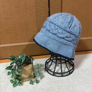 ハンドメイド 手作りお帽子 水色系 紺色縁編み