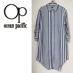 新品 L ★ オーシャンパシフィック シャツワンピース ロング 長袖 ネイビー Ocean Pacific ランダム ストライプ コットン ワンピ ゆったり