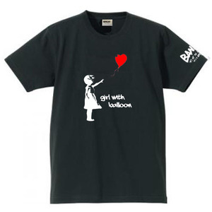 【バンクシー黒L】5oz風船と少女袖プリントTシャツbanksyおもしろメンズネタプレゼント送料無料・新品