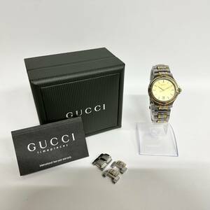 1円~【動作未確認】グッチ GUCCI 9040M クォーツ メンズ腕時計 ゴールド文字盤 ラウンドフェイス デイト 純正ベルト 3針 箱付き G151585