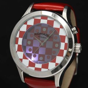 1円 稼働 良品 ロマゴデザイン ラウンド 赤白チェック柄文字盤 QZ 12ETY メンズ腕時計 MSS 8834000
