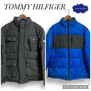 肉厚ジャケット TOMMY HILFIGER トミーヒルフィガー ダウンジャケット リバーシブル M グレー ブルー 防寒 M ダウン フェザー ナイロン