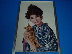 ◆【八代亜紀】猫ちゃんと和装【貴重】ポスター【昭和年代物新品