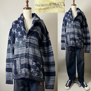 ★名作 DENIM&SUPPLY RALPH LAUREN デニム＆サプライ 星条旗 ショールカラー ニット カーディガン メンズ 綿100 サイズ L インディゴブルー