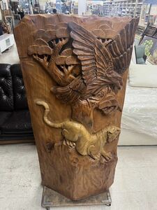 木彫り オブジェ 衝立　虎鷹　工芸品 