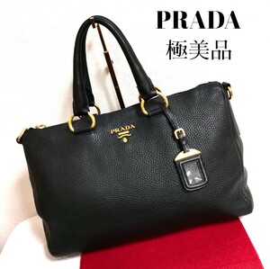 極美品 PRADA 高級 シボ革 オール レザー ハンドバッグ ブラック ヴィッテロダイノ ゴールド 美品 プラダ ショルダーバッグ