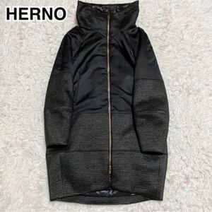ヘルノ ドッキング コート herno レザー シルク 異素材切り替え ブラック 38