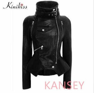 Kinikiss 2018モデル レディース オートバイジャケット ブラック PU ジャケット ゴシックフェイクレザーコート M L XL