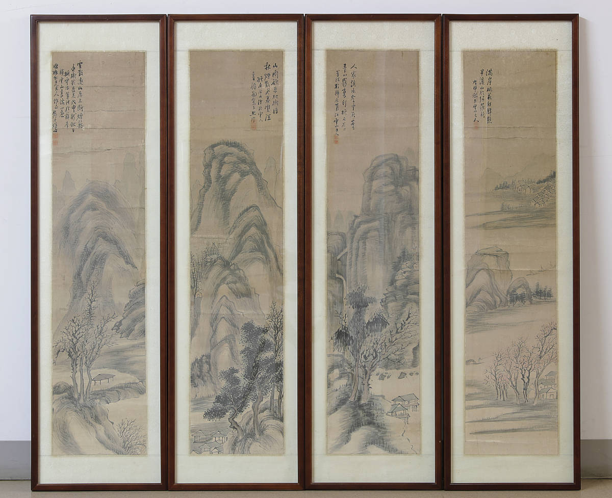 أوائل أسرة تشينغ, الصين, اللوحة الأدبية التي كتبها يونشان, اللوحة الجنوبية, مجموعة من 4 قطع من المناظر الطبيعية للفصول الأربعة بإطار خشبي (تُباع بشكل فردي)., قابل للتفاوض) حجم الإطار: العرض 33.4 سم × الارتفاع 116.4 سم × السمك 2.7 سم × 4 قطع, عمل فني, تلوين, الرسم بالحبر