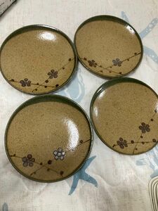 新品未使用　曽根磁叟園製陶所製 梅絵柄大皿 4枚和食器　直径19cm 丸皿 