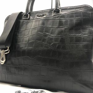 1円【極美品・極希少】COACH コーチ ビジネスバッグ ショルダー 2way クロコ型押し メンズ A4可 通勤 通学 書類 ロゴ レザー 黒 ブラック