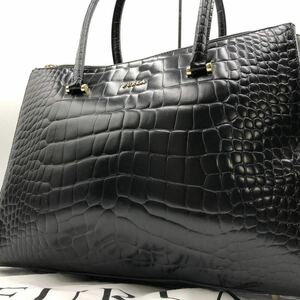 1円【極美品・シャイニングクロコ】フルラ FURLA ビジネスバッグ トート 大容量 型押し 光沢 メンズ A4 通勤 書類 レザー 本革 ブラック 黒