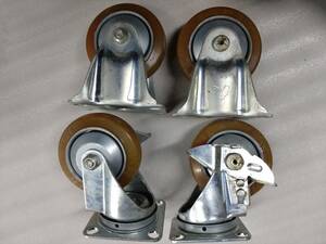 ハンマーキャスター　ウレタン車輪（ローラーベアリング）4個セット（旋回式ストッパー付き2個　固定式2個）中古品