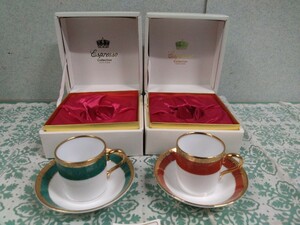 ● Espresso Collection HOYA CHINA 保谷 金彩 グリ－ン オレンジ 珈琲 エスプレッソ カップ＆ソ－サ－ 碗皿 2客セット 未使用品 ③