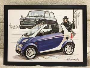 Bowイラスト スマート カブリオ & ミニ カーマガジン 額付 カレンダーカット 額縁(約32×23cm) Smart Cabrio & MINI 絵 旧車