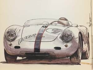 【正規品 絶版】Bowイラスト ポストカード ポルシェ 550A スパイダー カーマガジン Porsche 550A Spyder 絵葉書 旧車 絵 