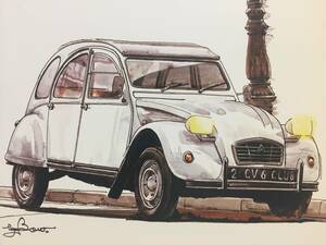 【正規品 絶版】Bowイラスト ポストカード シトロエン 2CV6 クラブ カーマガジン Citroen 2CV6 Club 絵葉書 旧車 絵 