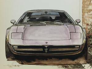 【正規品 絶版】Bowイラスト ポストカード マセラティ メラク カーマガジン Maserati Merak 絵葉書 旧車 絵