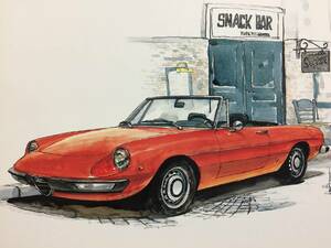 【正規品 絶版】Bowイラスト ポストカード アルファロメオ 2000 スパイダー カーマガジン AlfaRomeo 2000Spyder 絵葉書 旧車