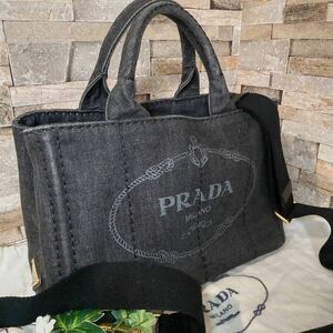 1円【至高の逸品】PRADA プラダ ハンドバッグ 2way ショルダーバッグ トートバッグ カナパ キャンバス ブラックデニム系 サイズS