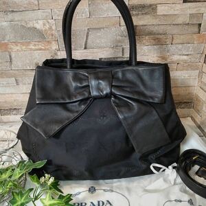 1円【至高の逸品】PRADA プラダ ハンドバッグ 2way ショルダーバッグ リボン デカロゴ レザー ナイロン ブラック黒 1スタ